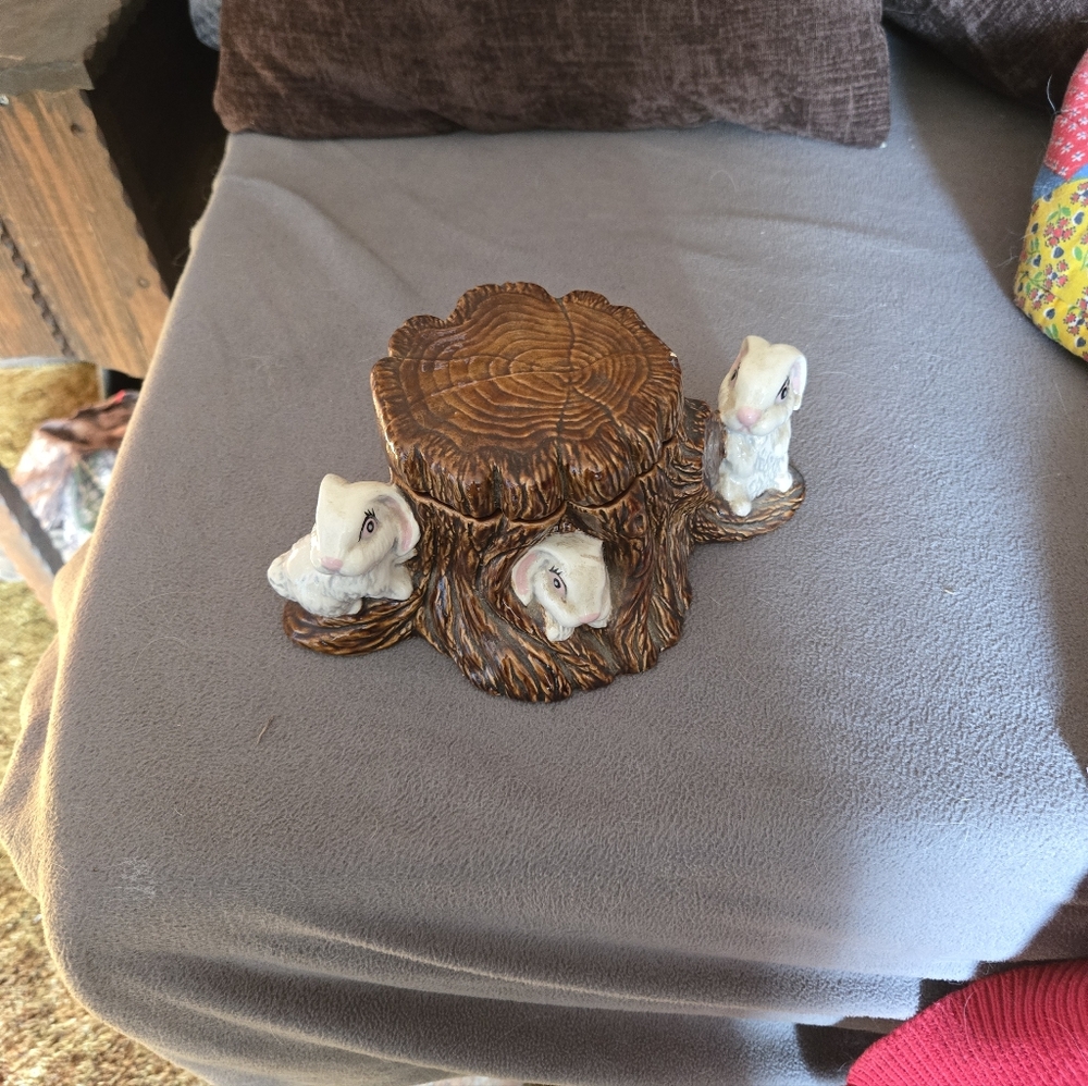 Ceramic Tree Stump Figurine with Three White Bunny Heads